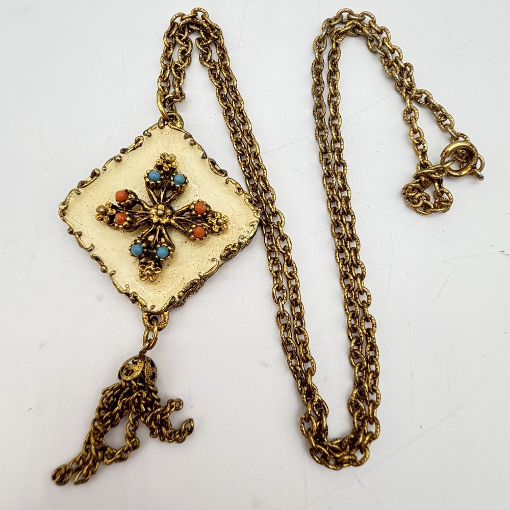 Vtg LAURENTIAN Victorian Revival necklace gold tassel pendant Faux Coral LJM